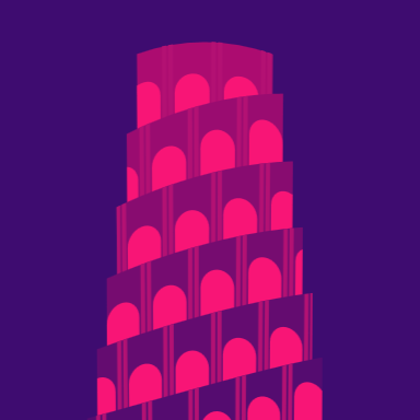A stylized illustration of a spiraling tower with pink arches on a purple background, resembling an abstract version of the Leaning Tower of Pisa.